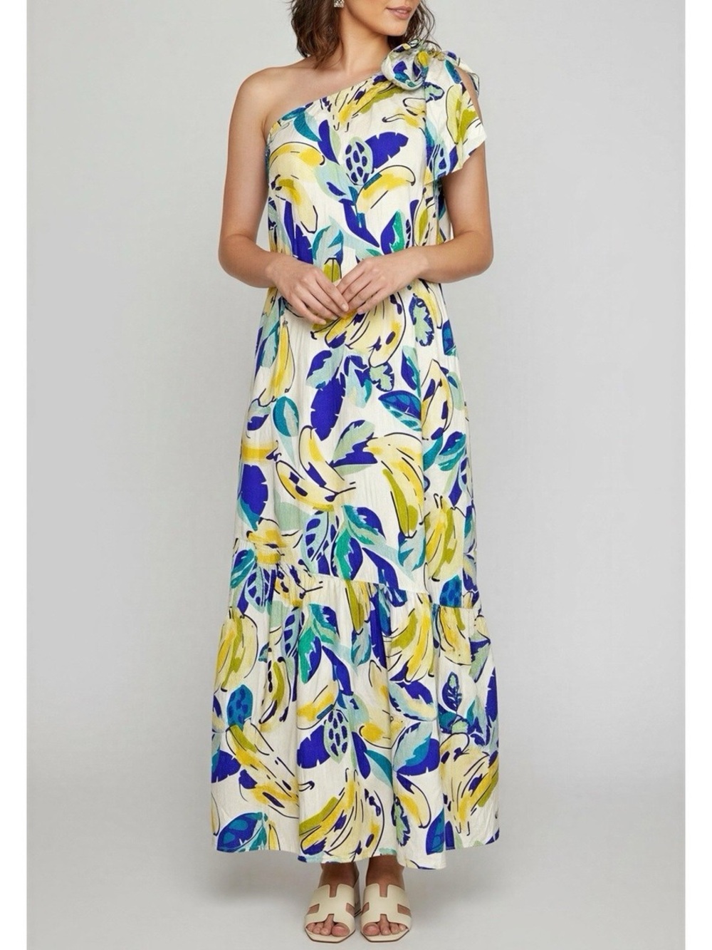 By Anthropologie Cotton one shoulder bow banana tropical print maxi dress M